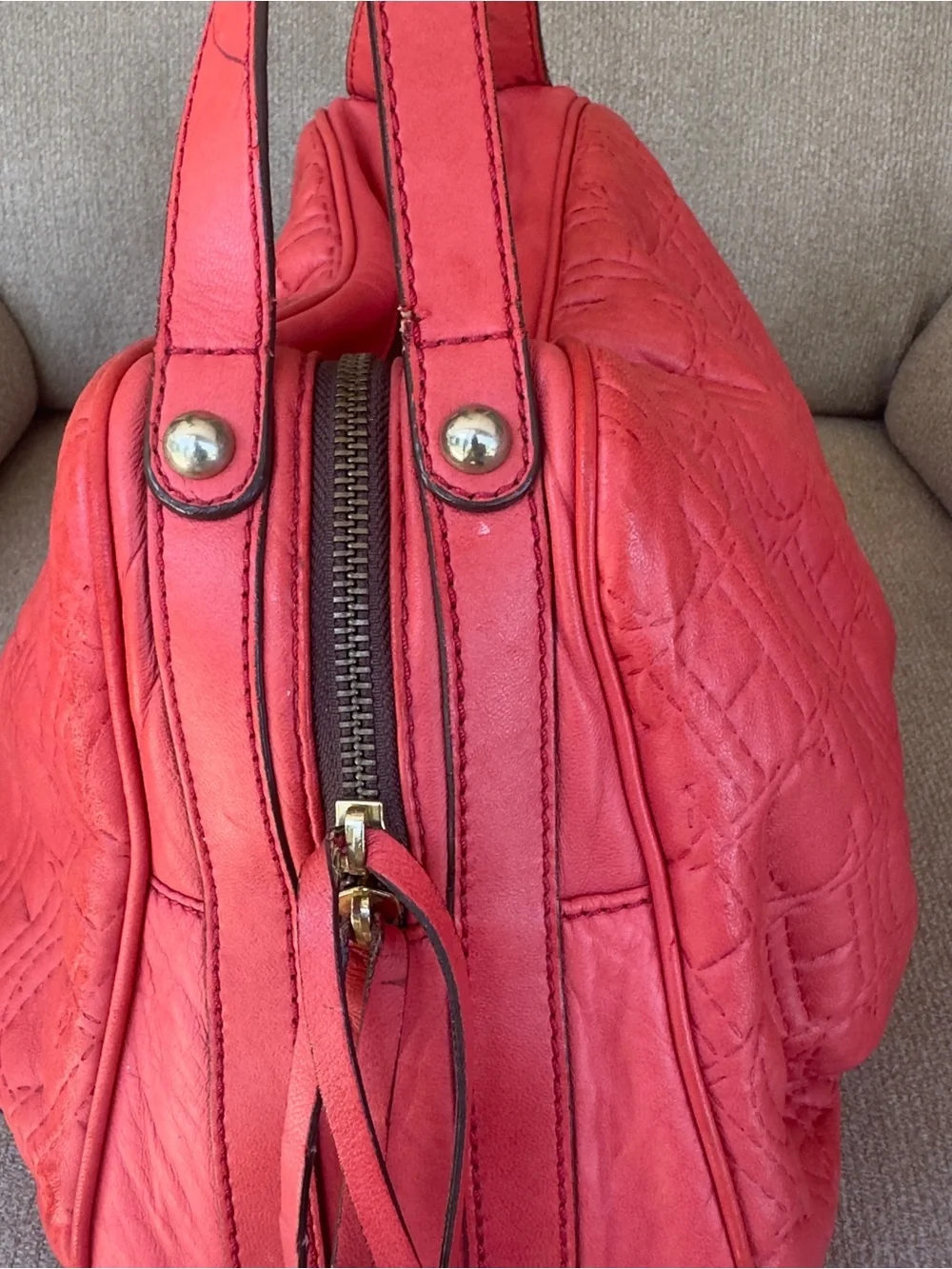 🔥 CH Carolina Herrera Red Leather Andy Monogram Satchel Bag Spain